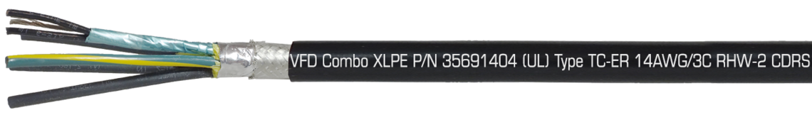 Aufdruck-Beispiel: SAB NORTH AMERICA VFD Combo XLPE P/N 35691404 (UL) Type TC-ER 14AWG/3C RHW-2 CDRS + GNDG CDR + 14AWG/1PR 90C Dry/Wet 600V,  Oil Res I & II, Sunlight Resistant, Direct Burial, (UL) WTTC 1000V, (UL) Flexible Motor Supply Cable, c(UL) CIC-TC XLPE 600V FT4, CSA AWM I/II A/B 90C 1000V FT4 RoHS CE