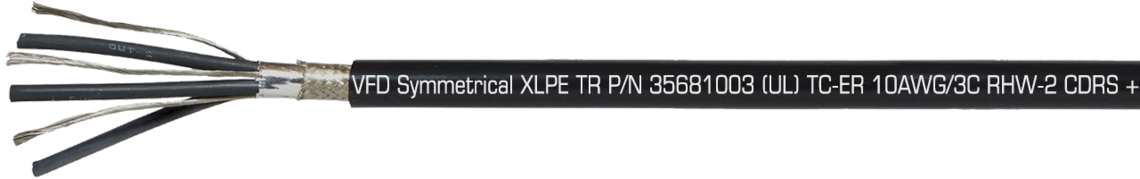 Aufdruck-Beispiel: SAB NORTH AMERICA VFD Symmetrical XLPE TR P/N 35681003 (UL) TC-ER 10AWG/3C RHW-2 CDRS + 3 x 14 AWG GNDS 90C Dry/Wet, Oil Resistant I/II, Sunlight Resistant, Direct Burial, (UL) WTTC 1000V, (UL) Flexible Motor Supply Cable, c(UL) CIC-TC XLPE 600V FT4, CSA AWM I/II A/B 90C 1000V FT4 RoHS CE