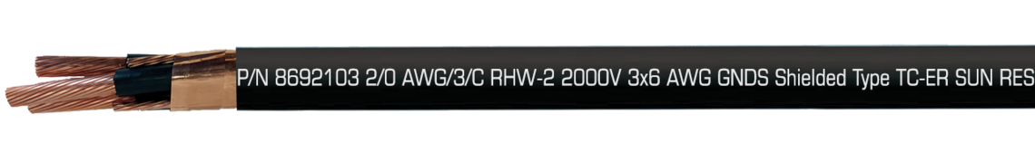 Aufdruck-Beispiel: SAB NORTH AMERICA P/N 8692103 2/0 AWG/3/C RHW-2 2000V 3x6 AWG GNDS Shielded Type TC-ER SUN RES DIR BUR