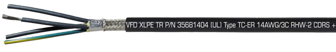 Aufdruck-Beispiel: SAB NORTH AMERICA VFD XLPE TR P/N 35681404 (UL) Type TC-ER 14AWG/3C RHW-2 CDRS + GNDG CDR 90C Dry/Wet 600V, Oil Res I & II, Sunlight Resistant, Direct Burial, (UL) WTTC 1000V, (UL) Flexible Motor Supply Cable, c(UL) CIC-TC XLPE 600V FT4, CSA AWM I/II A/B 90C 1000V FT4 RoHS CE